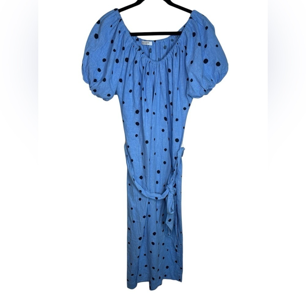 Stateside Linen Blend Polkadot Blue Black Belted Short Sleeve MIDI Dress Small